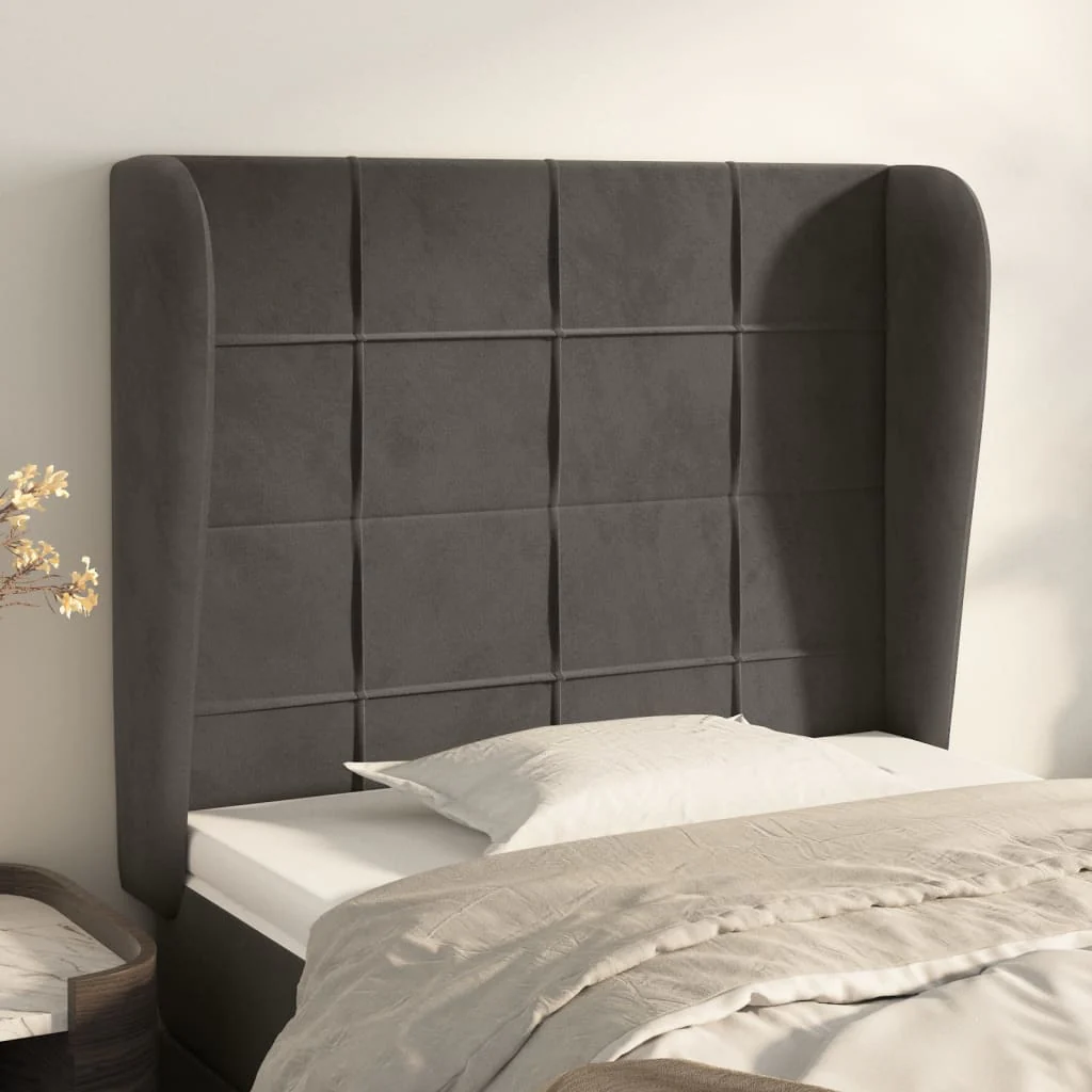 sengegavl med kanter 83x23x118/128 cm fløjl mørkegrå