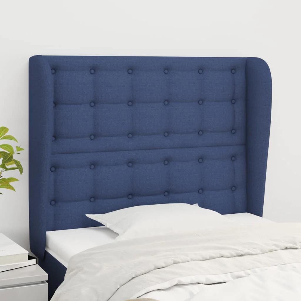 sengegavl med kanter 93x23x118/128 cm stof blå