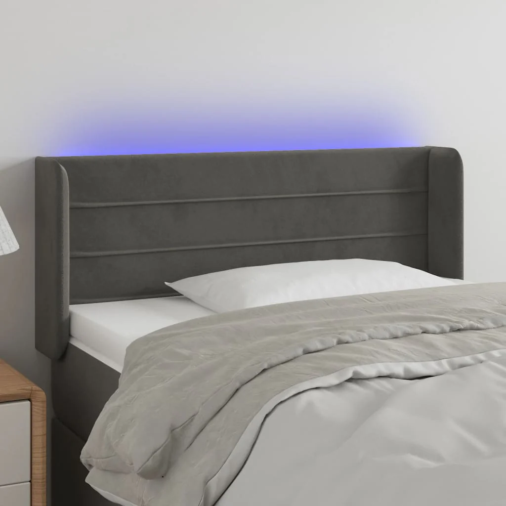 sengegavl med LED-lys 103x16x78/88 cm fløjl mørkegrå