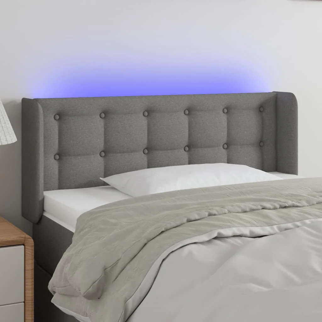 sengegavl med LED-lys 103x16x78/88 cm stof mørkegrå