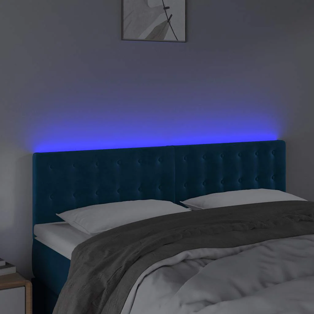 sengegavl med LED-lys 144x5x78/88 cm fløjl mørkeblå - Image 3