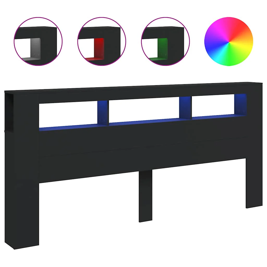 sengegavl med LED-lys 220x18,5x103,5 cm konstrueret træ sort - Image 2
