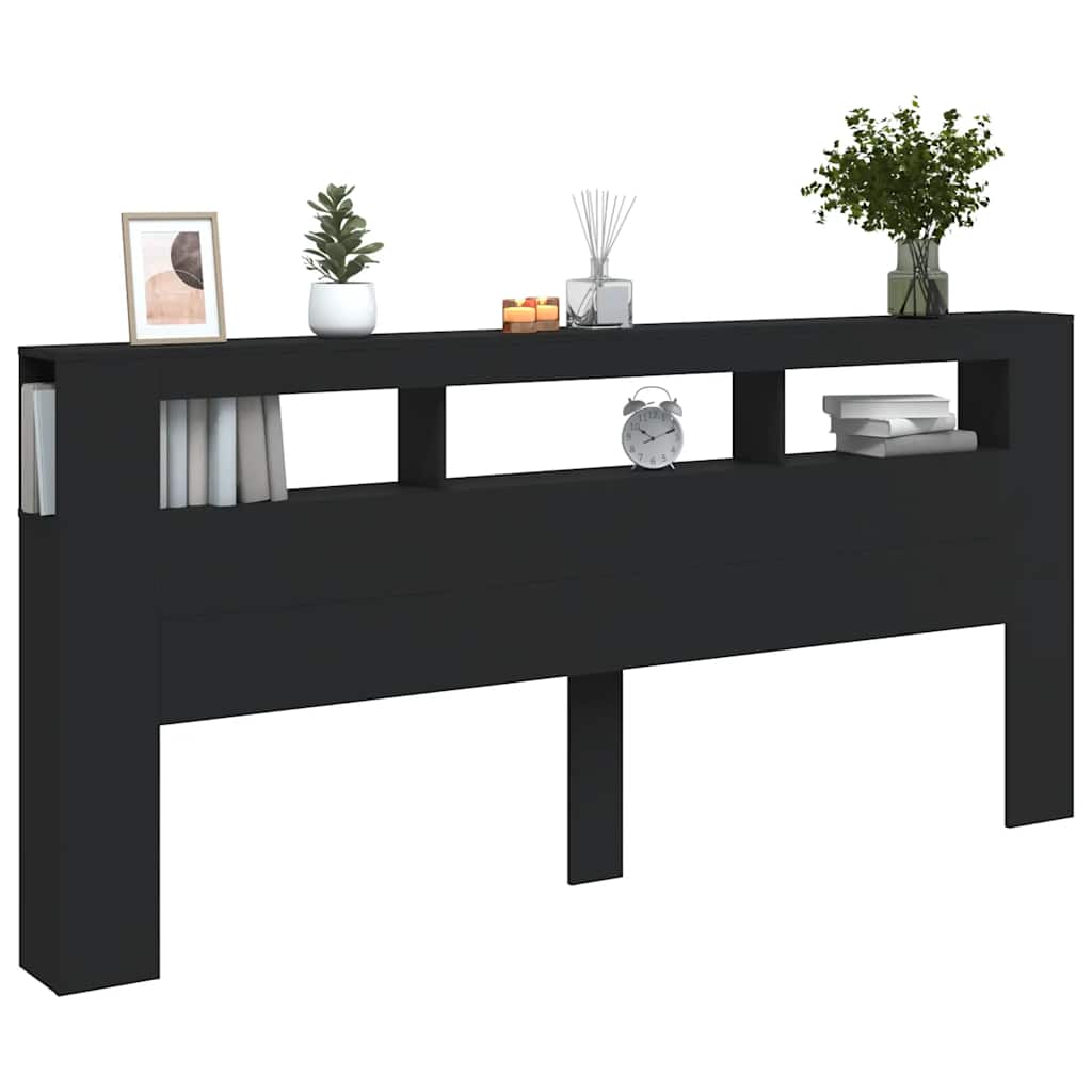 sengegavl med LED-lys 220x18,5x103,5 cm konstrueret træ sort - Image 5