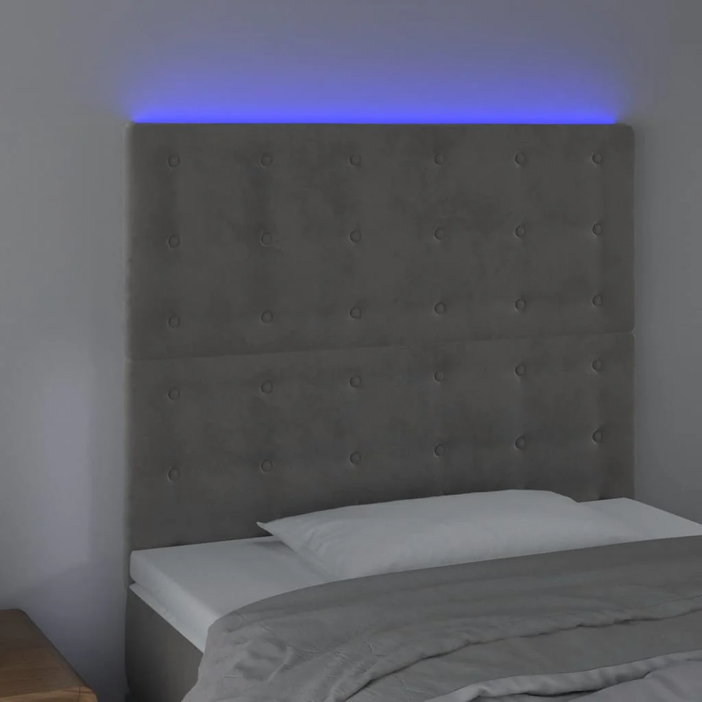 sengegavl med LED-lys 80x5x118/128 cm fløjl lysegrå - Image 3