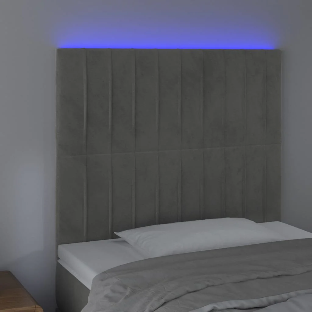 sengegavl med LED-lys 80x5x118/128 cm fløjl lysegrå - Image 3