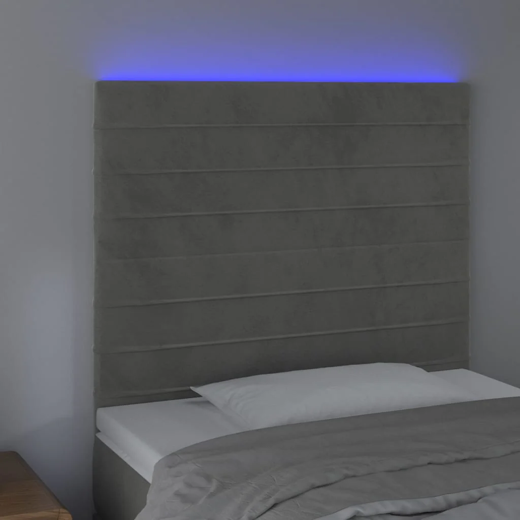 sengegavl med LED-lys 80x5x118/128 cm fløjl lysegrå - Image 3