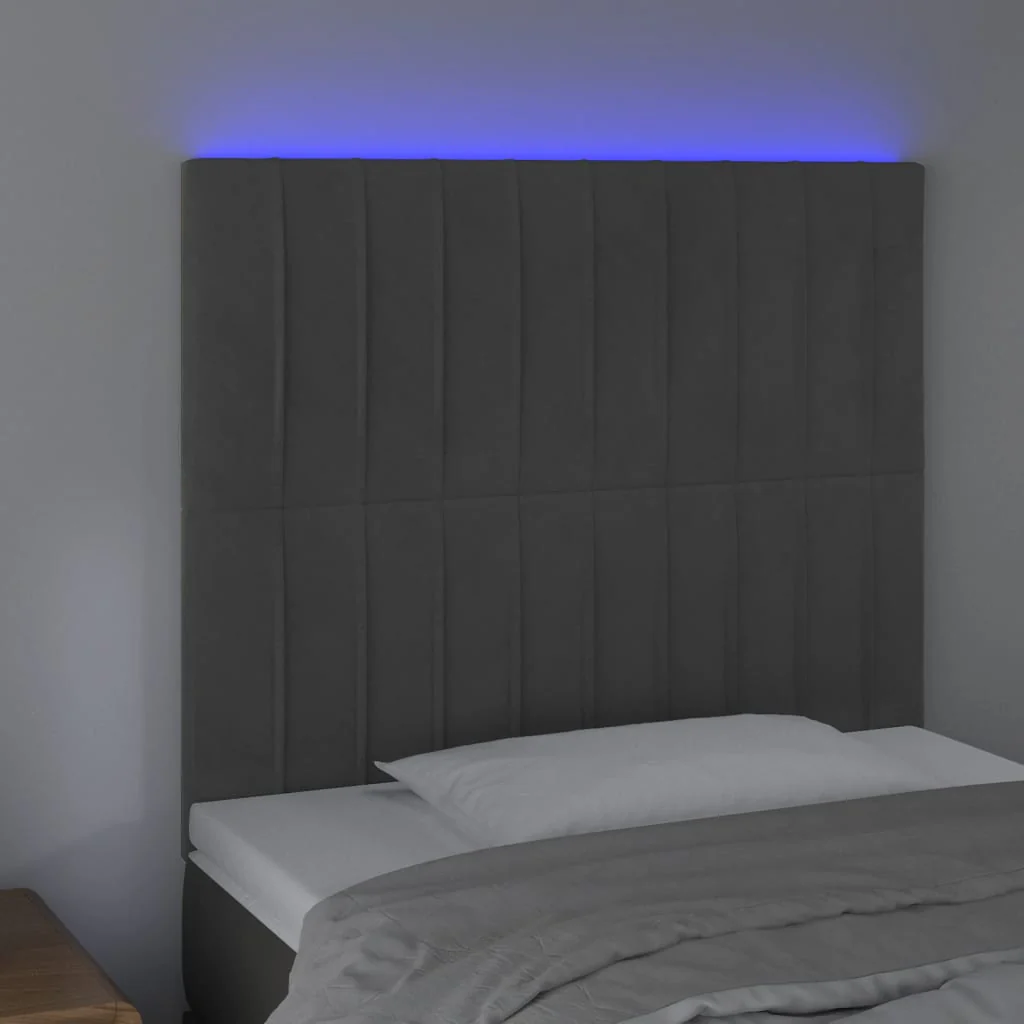 sengegavl med LED-lys 80x5x118/128 cm fløjl mørkegrå - Image 3