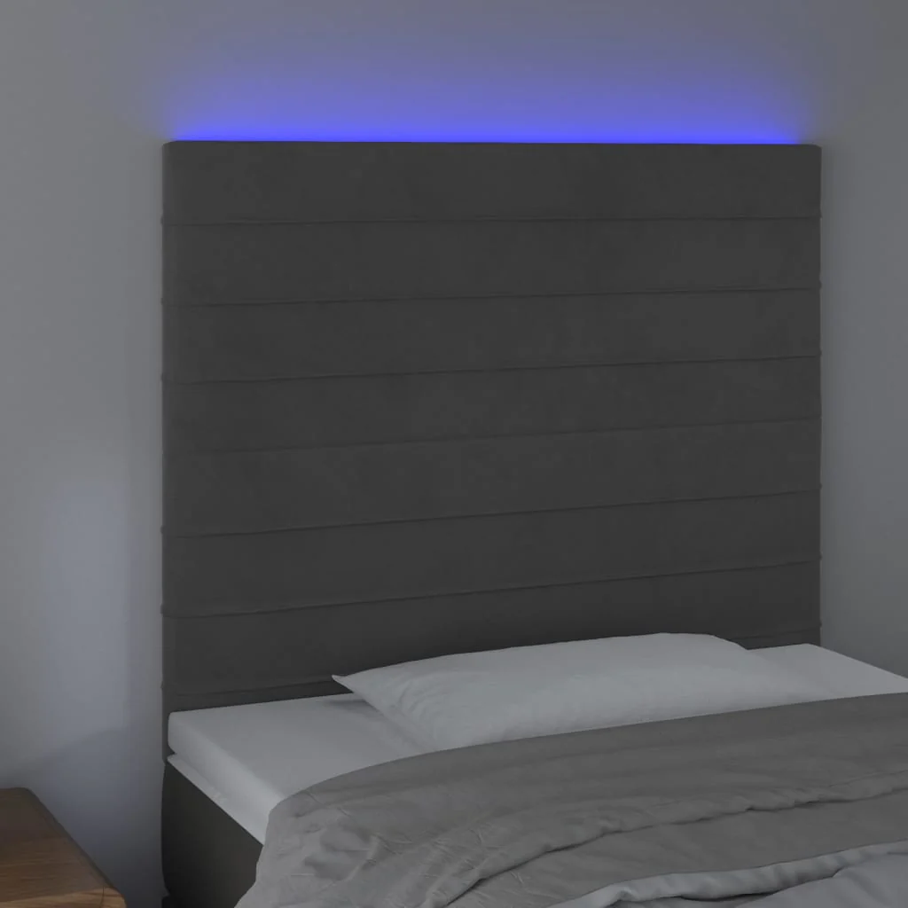 sengegavl med LED-lys 80x5x118/128 cm fløjl mørkegrå - Image 3