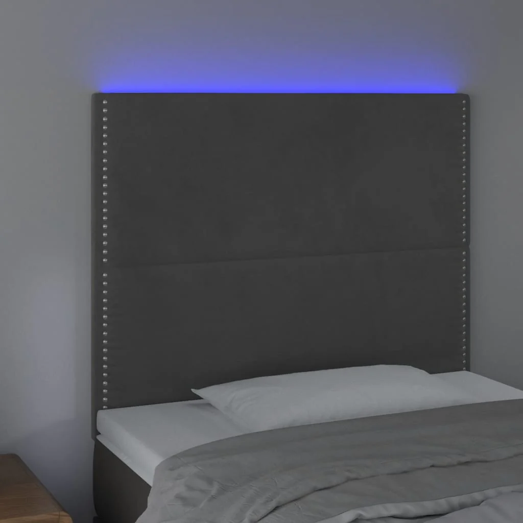 sengegavl med LED-lys 80x5x118/128 cm fløjl mørkegrå - Image 3