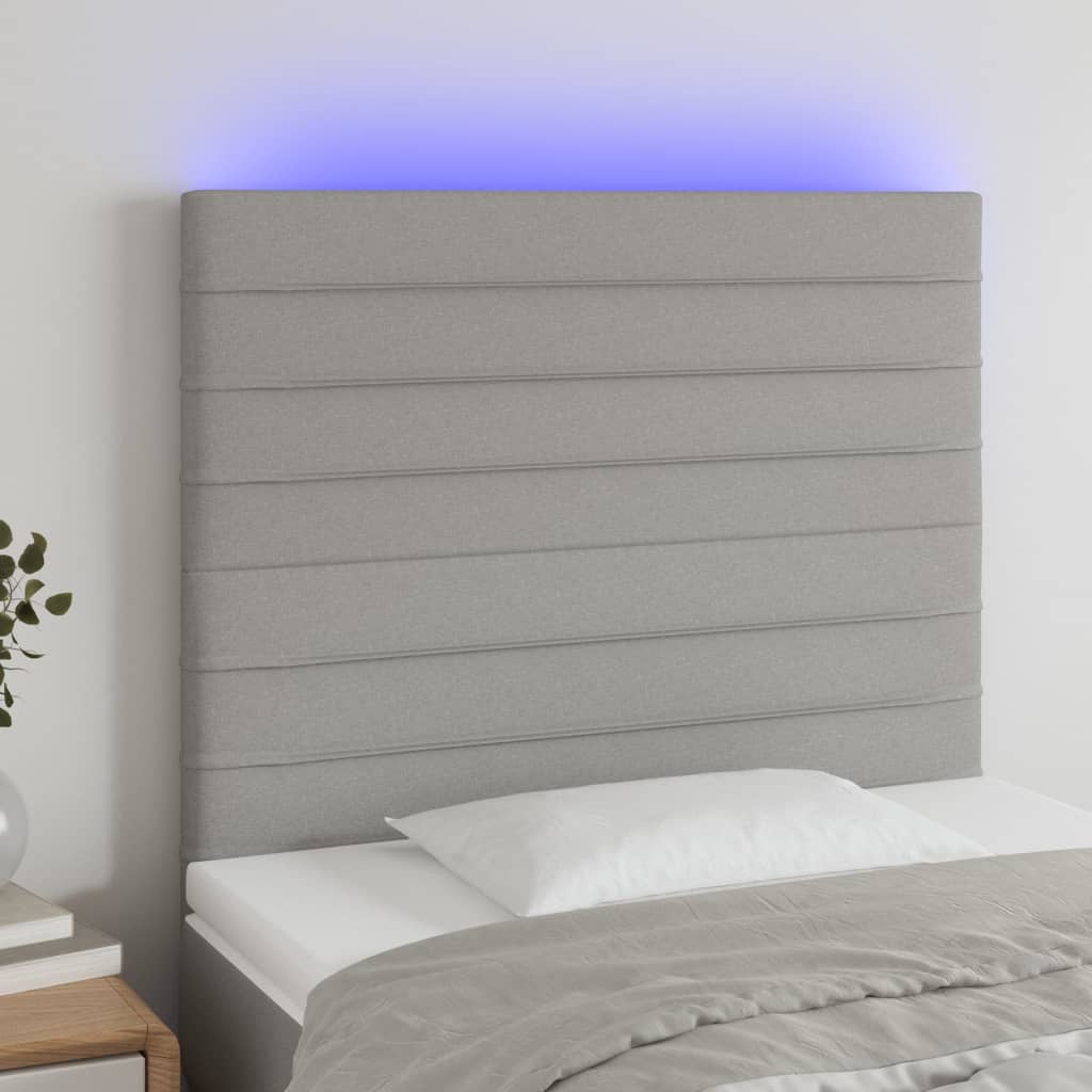 sengegavl med LED-lys 80x5x118/128 cm stof lysegrĂĄ