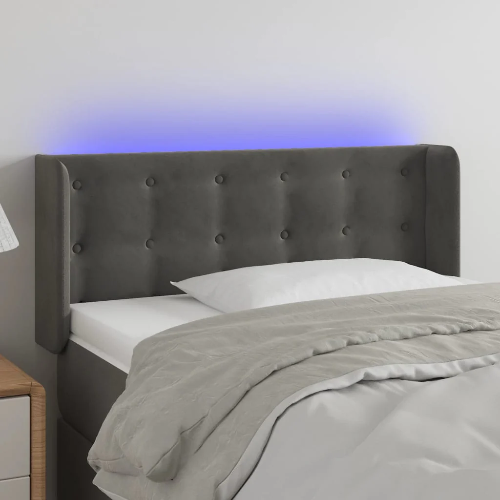 sengegavl med LED-lys 83x16x78/88 cm fløjl mørkegrå