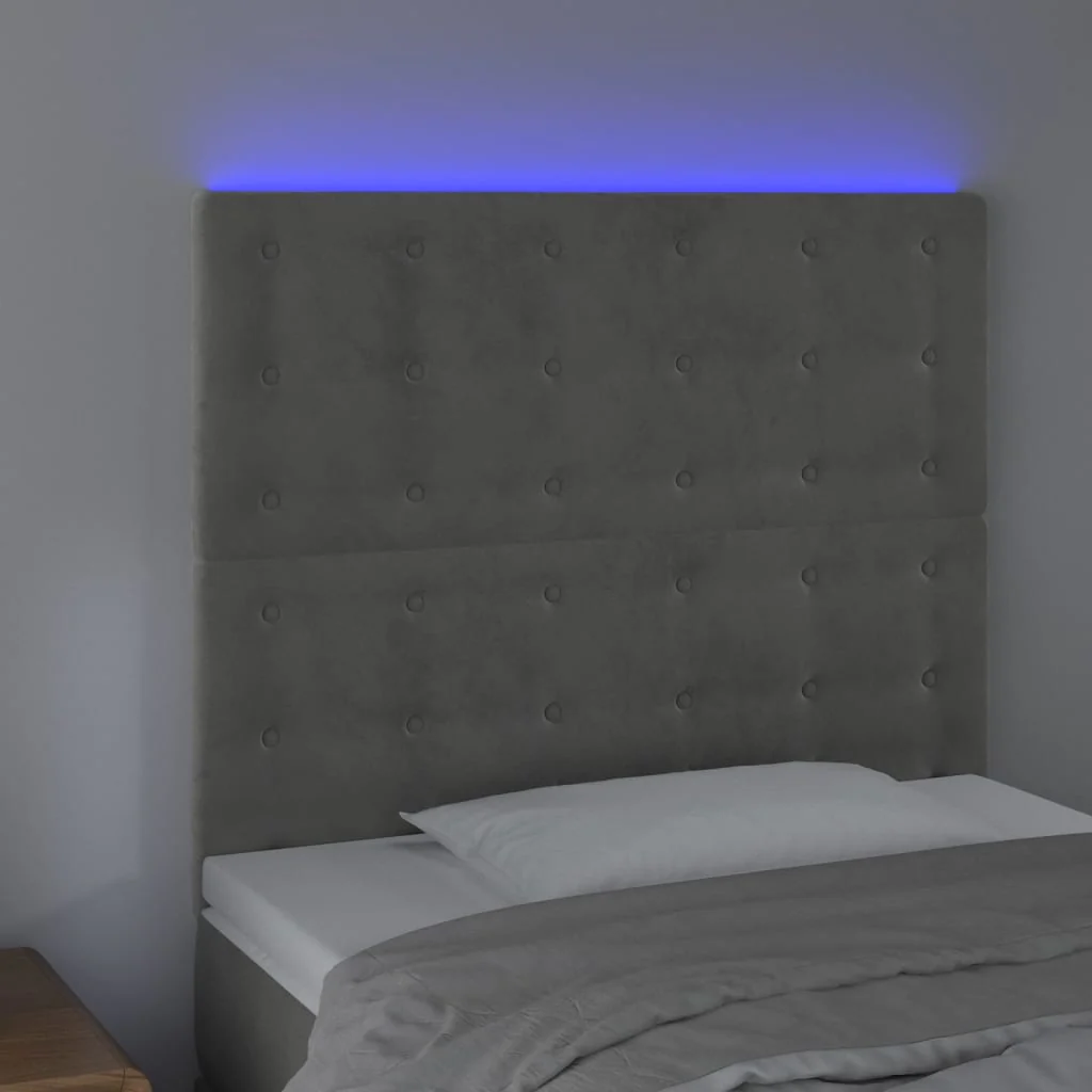 sengegavl med LED-lys 90x5x118/128 cm fløjl lysegrå - Image 3