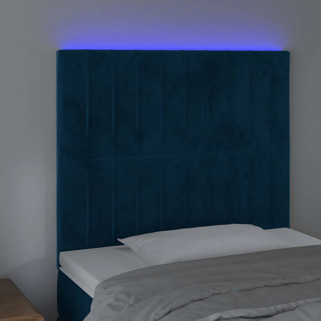 sengegavl med LED-lys 90x5x118/128 cm fløjl mørkeblå - Image 3