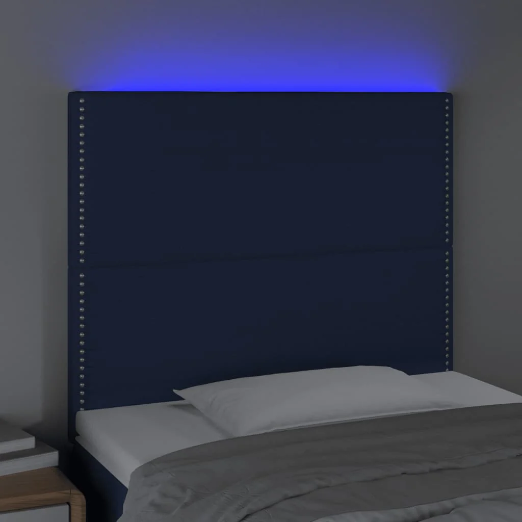 sengegavl med LED-lys 90x5x118/128 cm stof blå - Image 3