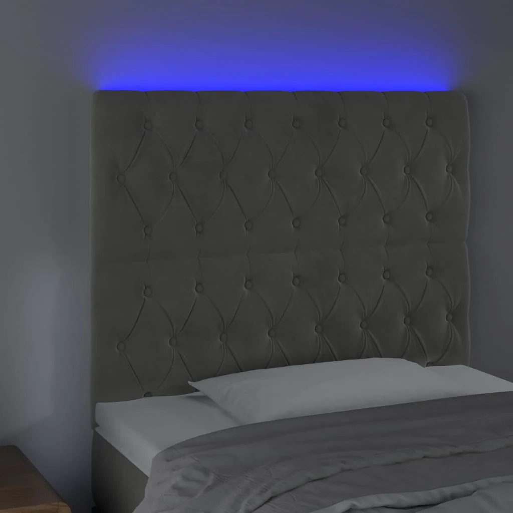 sengegavl med LED-lys 90x7x118/128 cm fløjl lysegrå - Image 3