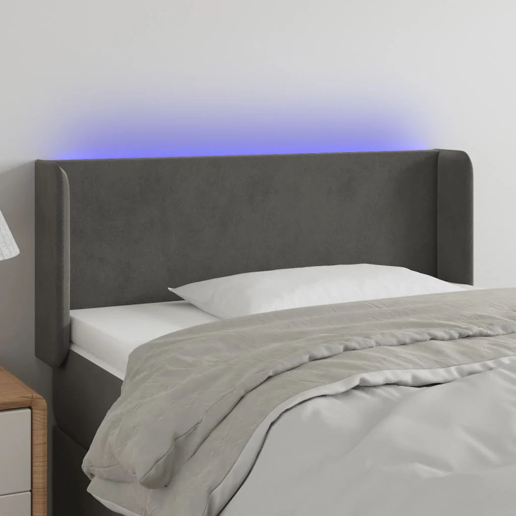 sengegavl med LED-lys 93x16x78/88 cm fløjl mørkegrå