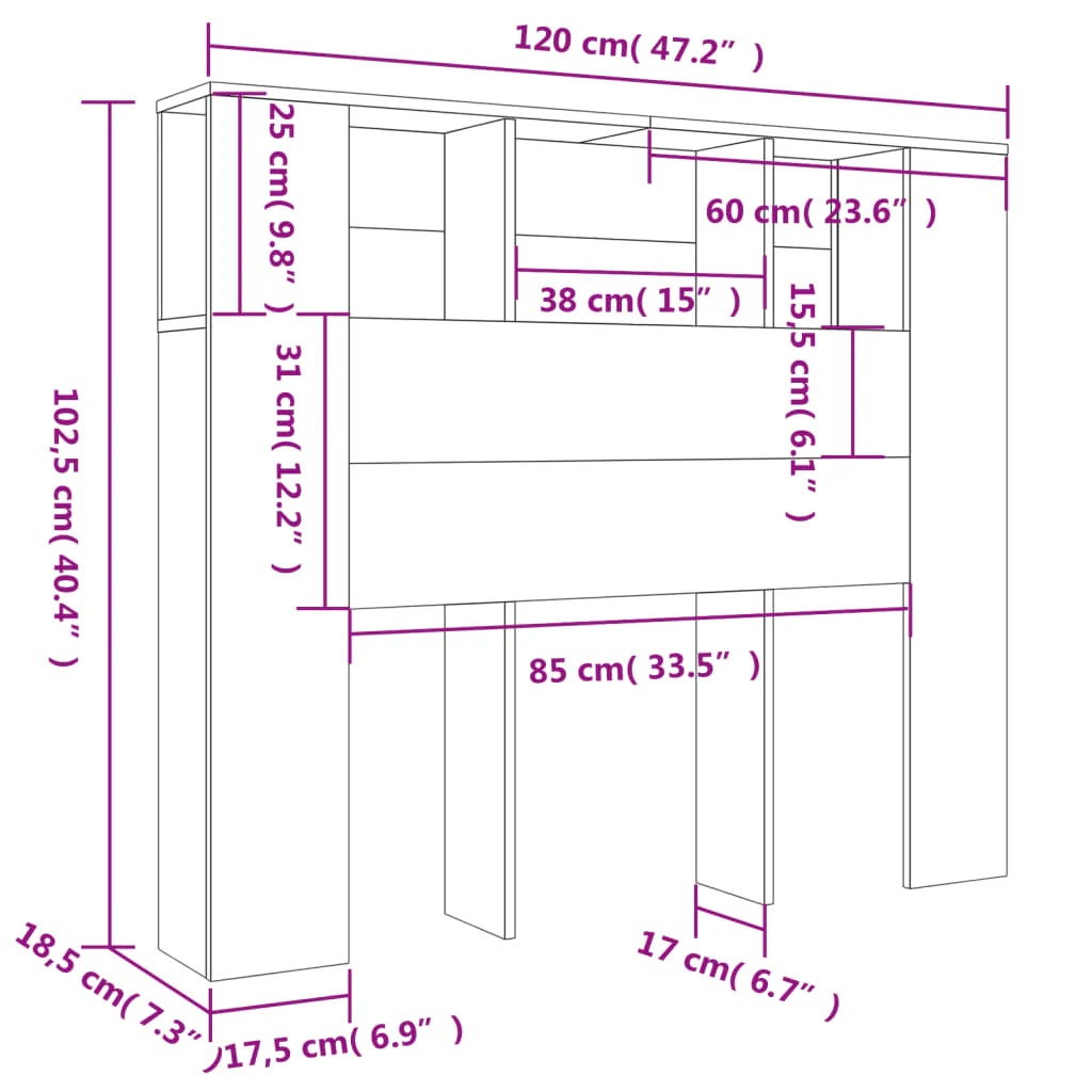 sengegavl med opbevaring 120x18,5x102,5 cm røget egetræsfarve - Image 6
