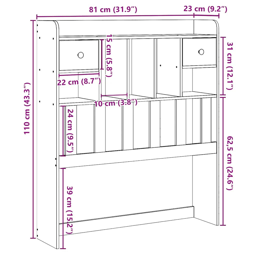 sengegavl med opbevaring 75 cm massivt fyrretræ hvid - Image 9