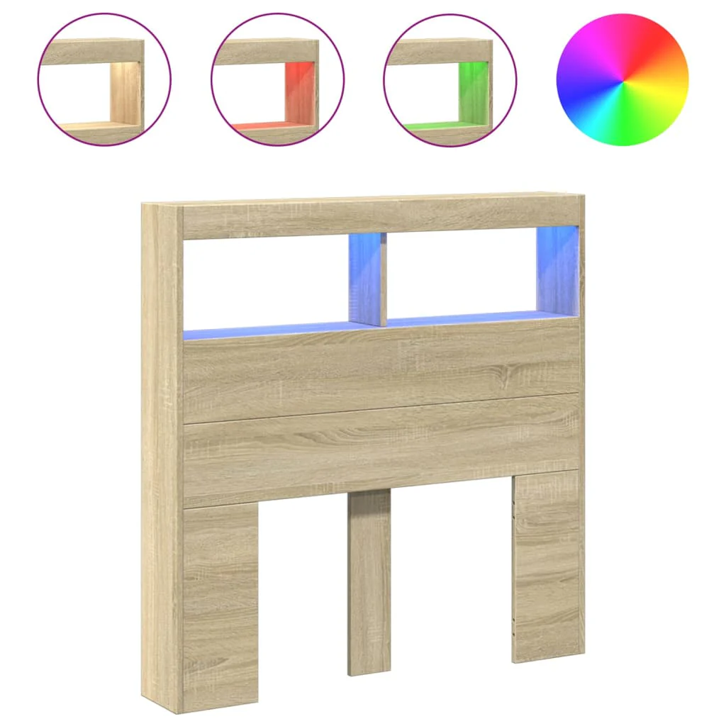 sengegavl med opbevaring og LED-lys 100x17x102 cm sonoma-eg - Image 2