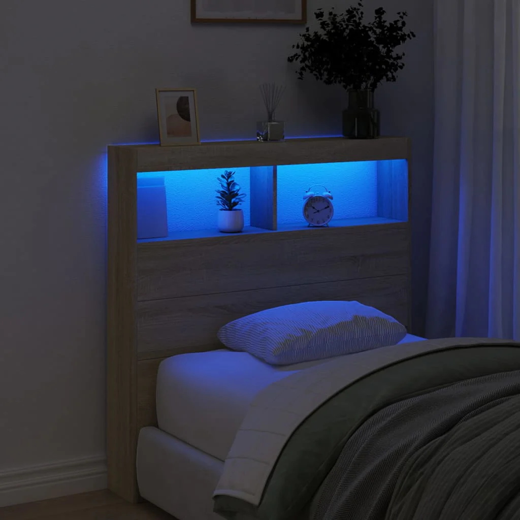 sengegavl med opbevaring og LED-lys 100x17x102 cm sonoma-eg - Image 4