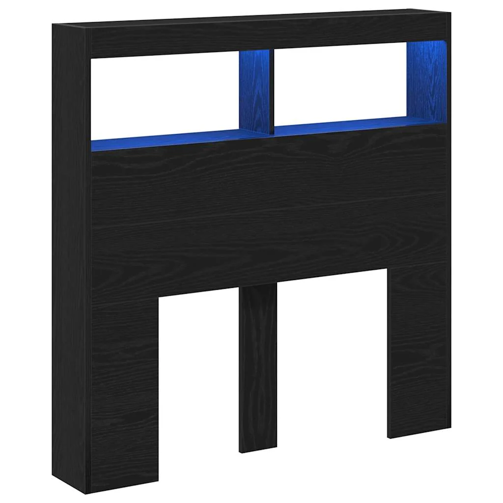 sengegavl med opbevaring og LED-lys 100x17x102 cm sort eg - Image 3