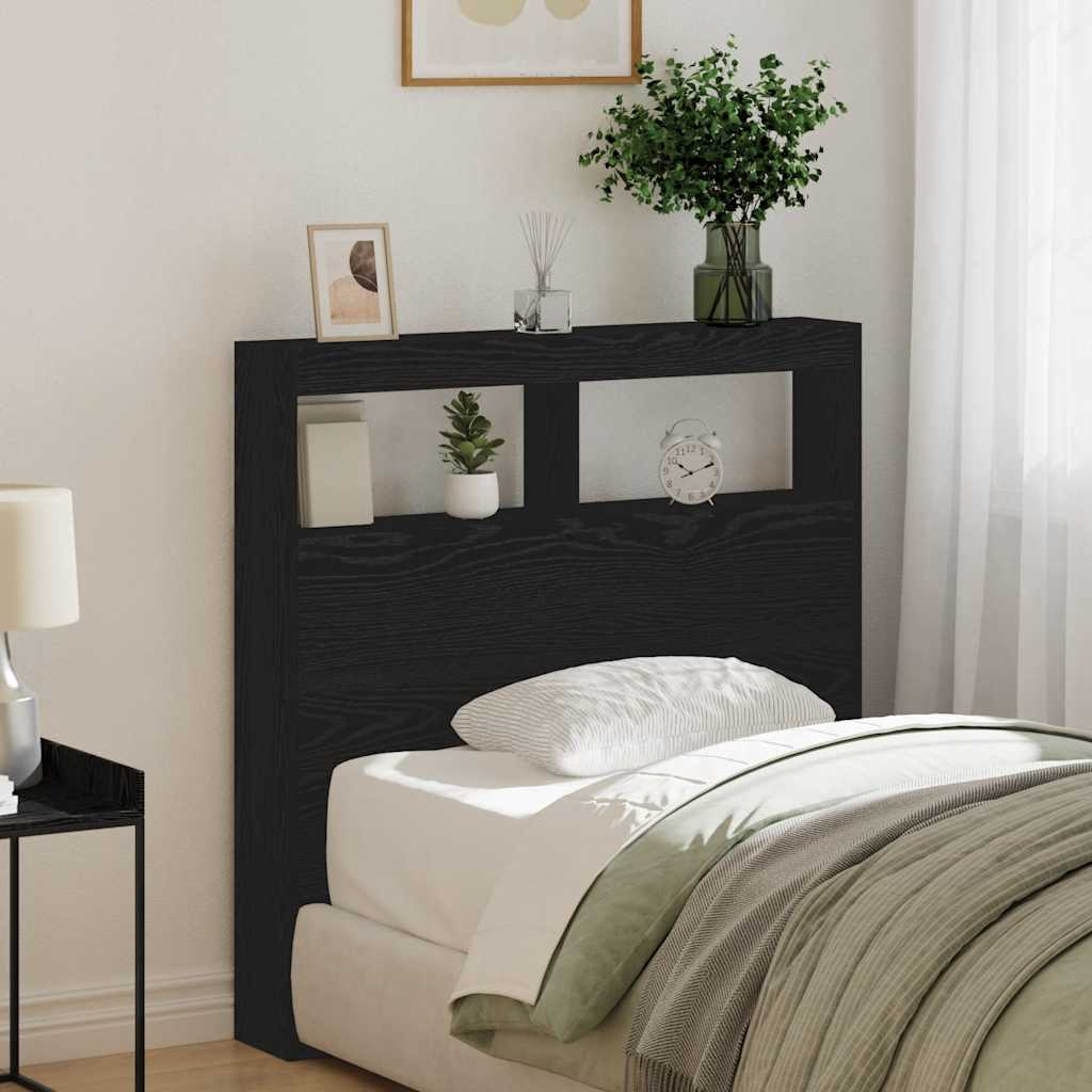 sengegavl med opbevaring og LED-lys 100x17x102 cm sort eg - Image 4