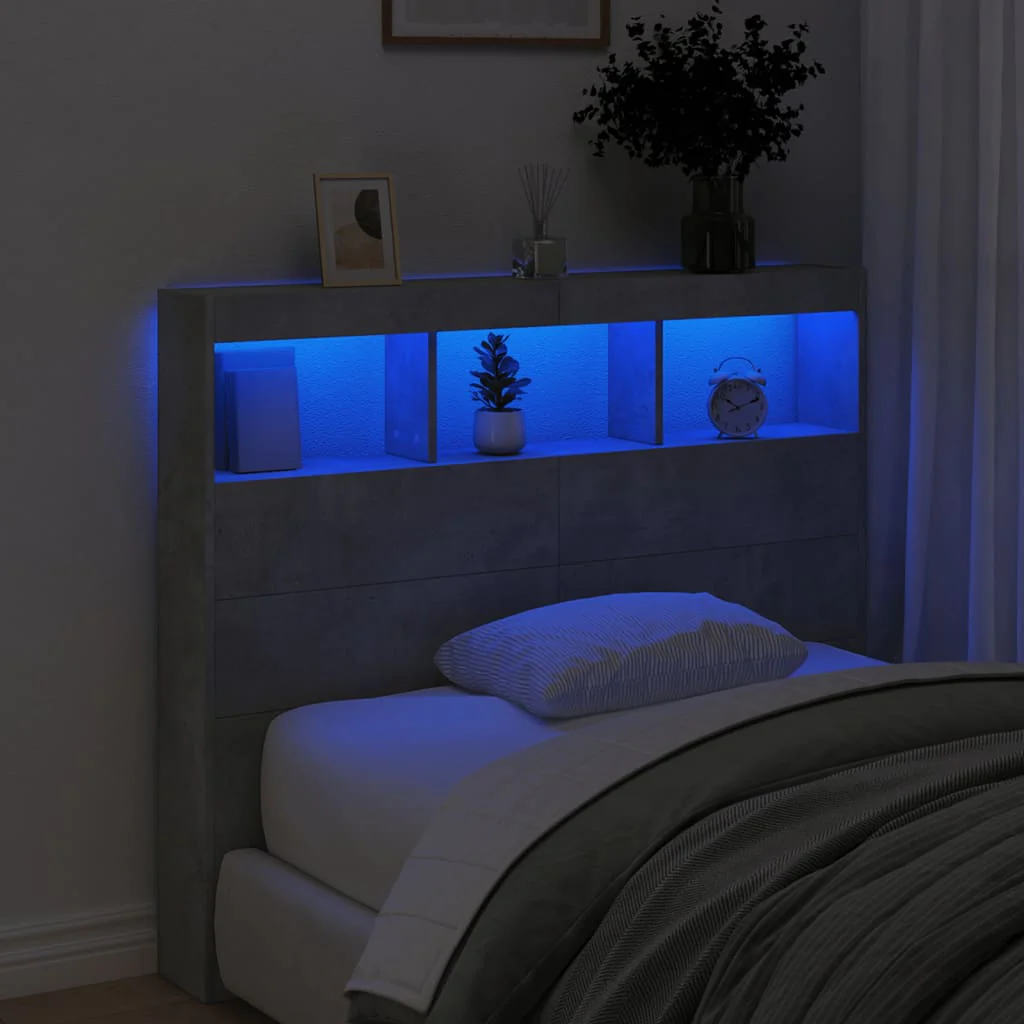 sengegavl med opbevaring og LED-lys 120x17x102 cm betongrå - Image 4