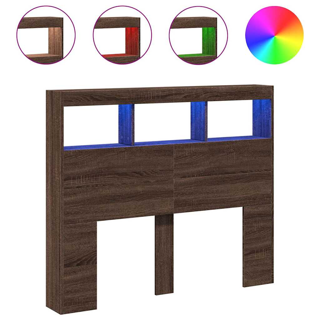 sengegavl med opbevaring og LED-lys 120x17x102 cm brunt eg - Image 2