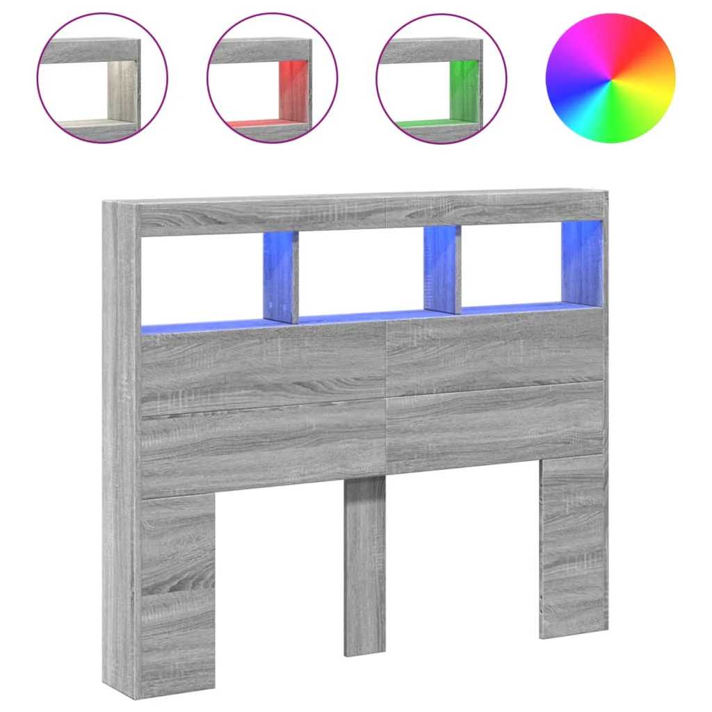 sengegavl med opbevaring og LED-lys 120x17x102 cm grå sonoma-eg - Image 2
