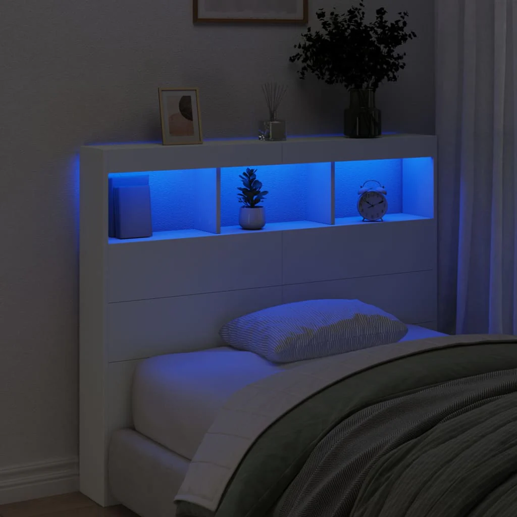 sengegavl med opbevaring og LED-lys 120x17x102 cm hvid - Image 4