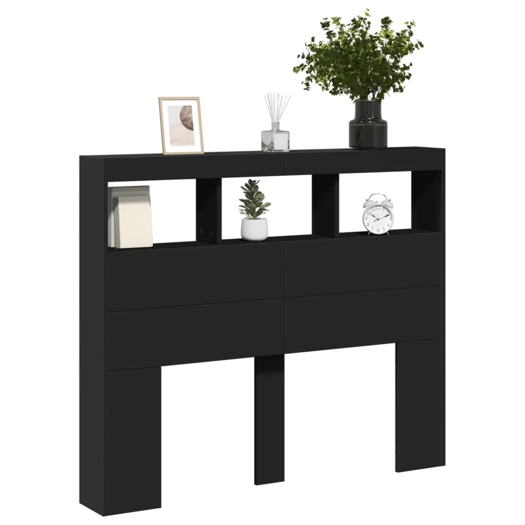 sengegavl med opbevaring og LED-lys 120x17x102 cm sort - Image 5