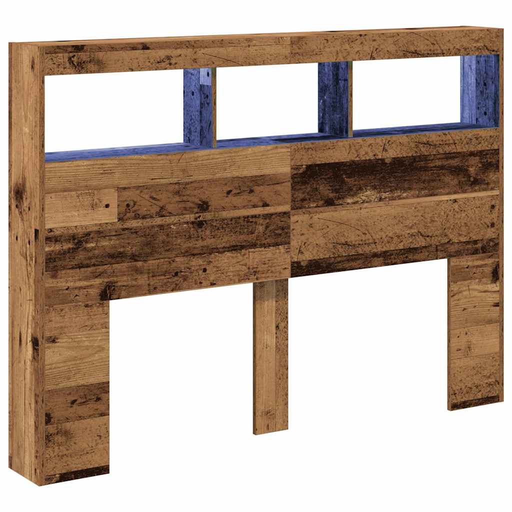 sengegavl med opbevaring og LED-lys 140x17x102 cm antikt træ - Image 3