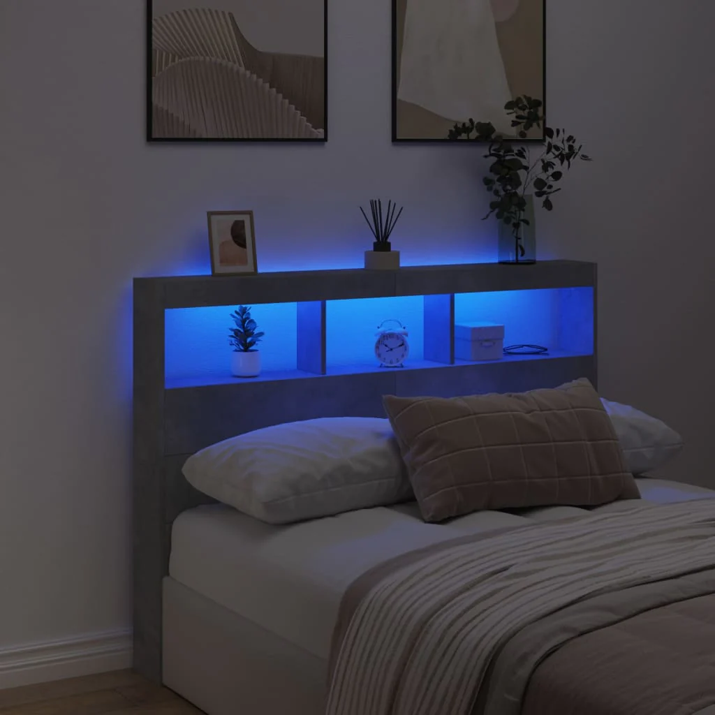 sengegavl med opbevaring og LED-lys 140x17x102 cm betongrå - Image 4