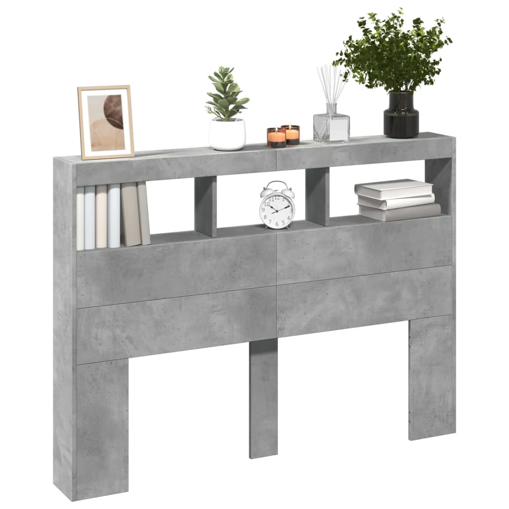 sengegavl med opbevaring og LED-lys 140x17x102 cm betongrå - Image 5
