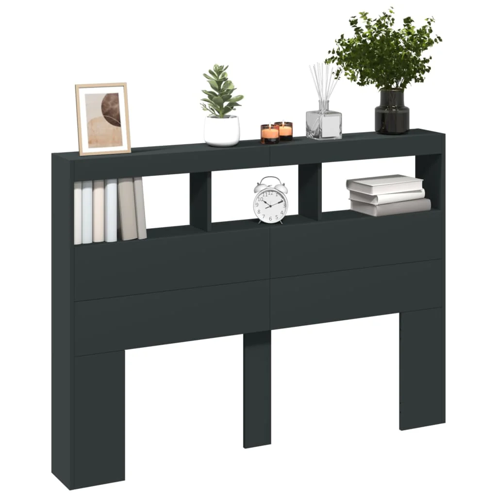 sengegavl med opbevaring og LED-lys 140x17x102 cm sort - Image 5