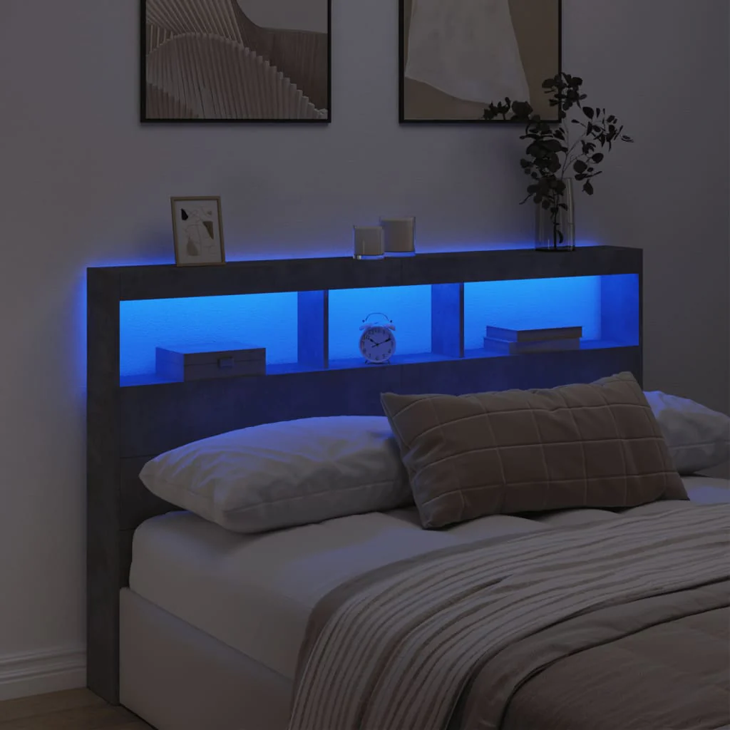 sengegavl med opbevaring og LED-lys 160x17x102 cm betongrå - Image 4