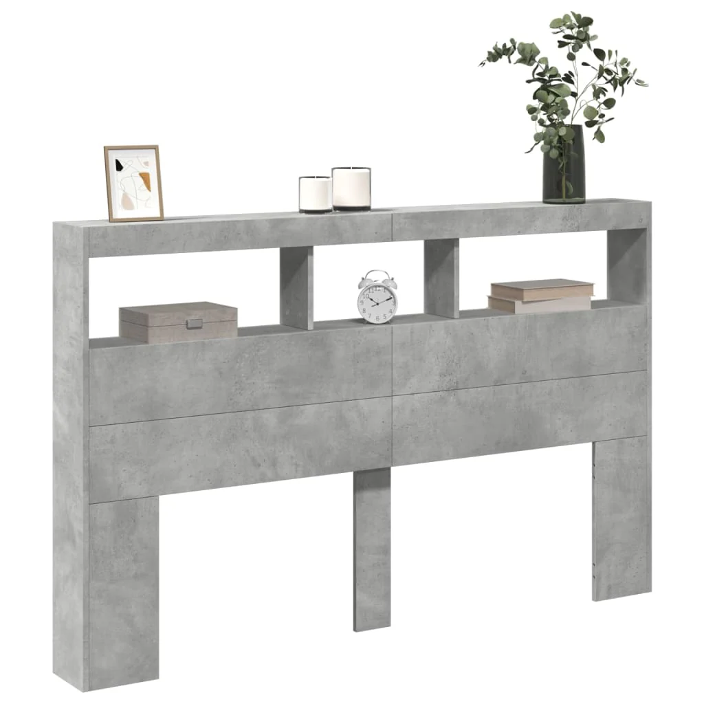 sengegavl med opbevaring og LED-lys 160x17x102 cm betongrå - Image 5