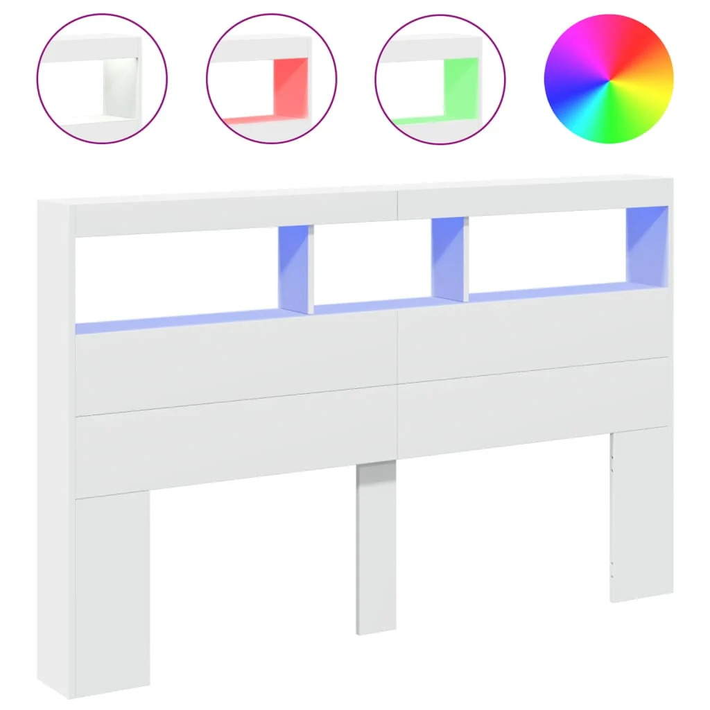 sengegavl med opbevaring og LED-lys 160x17x102 cm hvid - Image 2