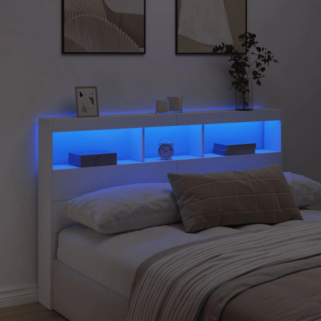 sengegavl med opbevaring og LED-lys 160x17x102 cm hvid - Image 4