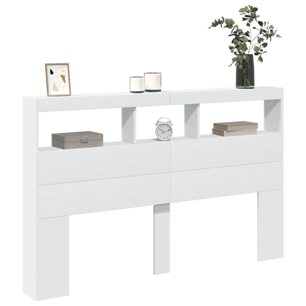sengegavl med opbevaring og LED-lys 160x17x102 cm hvid - Image 5