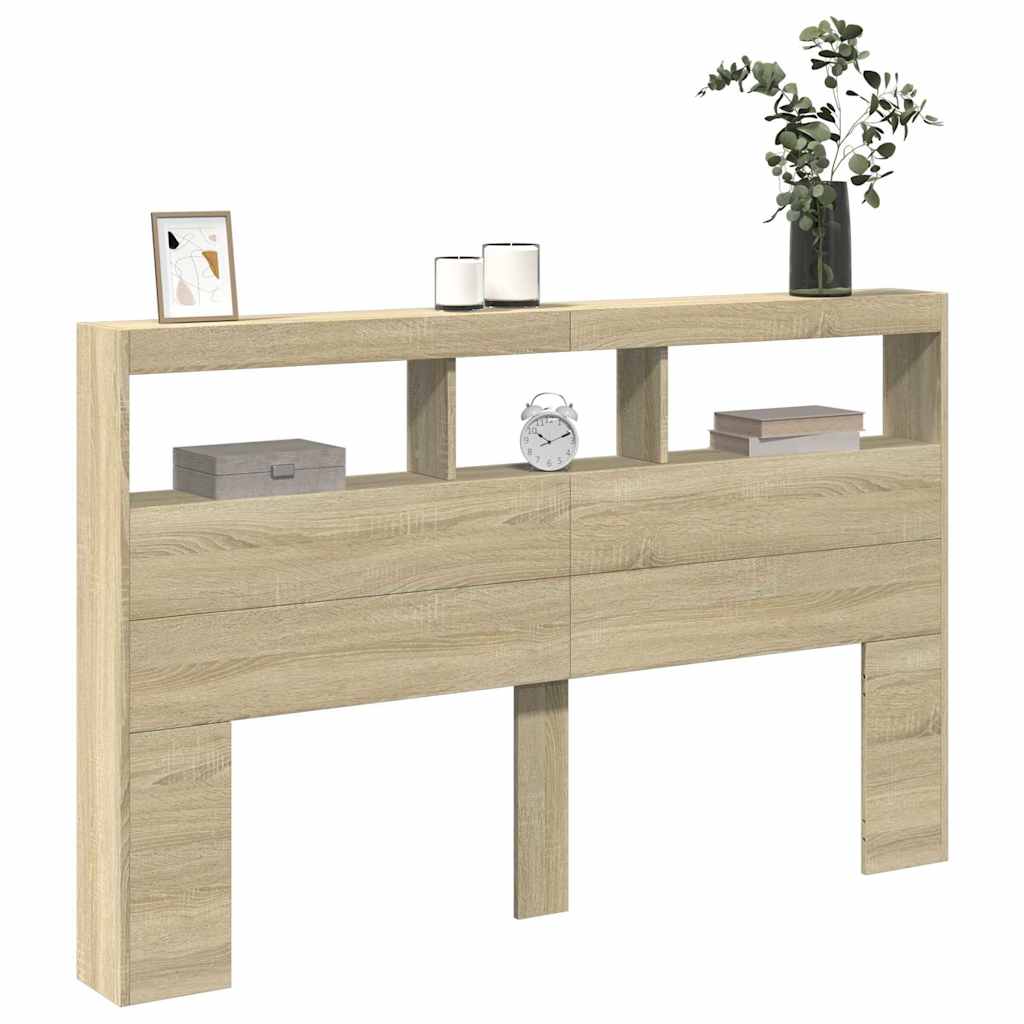 sengegavl med opbevaring og LED-lys 160x17x102 cm sonoma-eg - Image 5