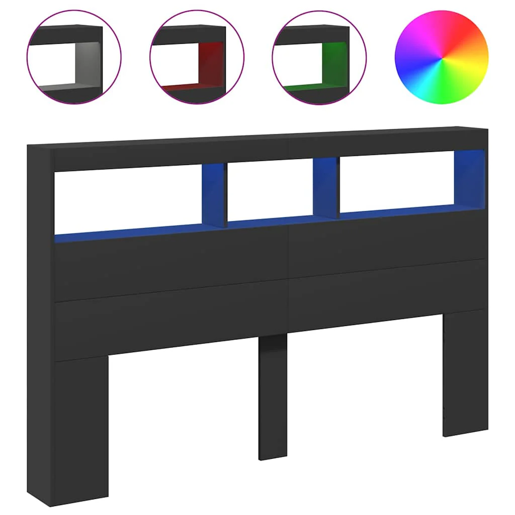sengegavl med opbevaring og LED-lys 160x17x102 cm sort - Image 2