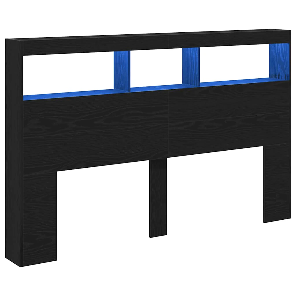 sengegavl med opbevaring og LED-lys 160x17x102 cm sort eg - Image 3