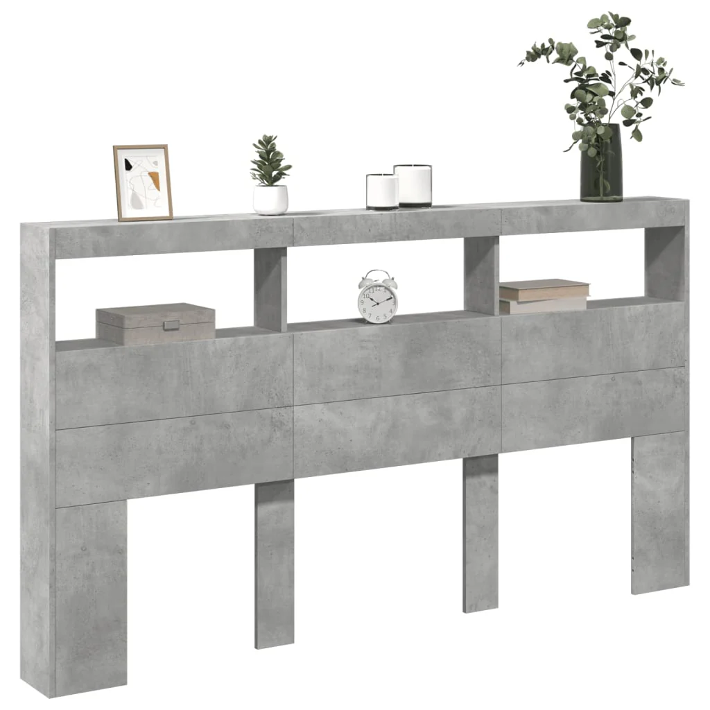 sengegavl med opbevaring og LED-lys 180x17x102 cm betongrå - Image 5