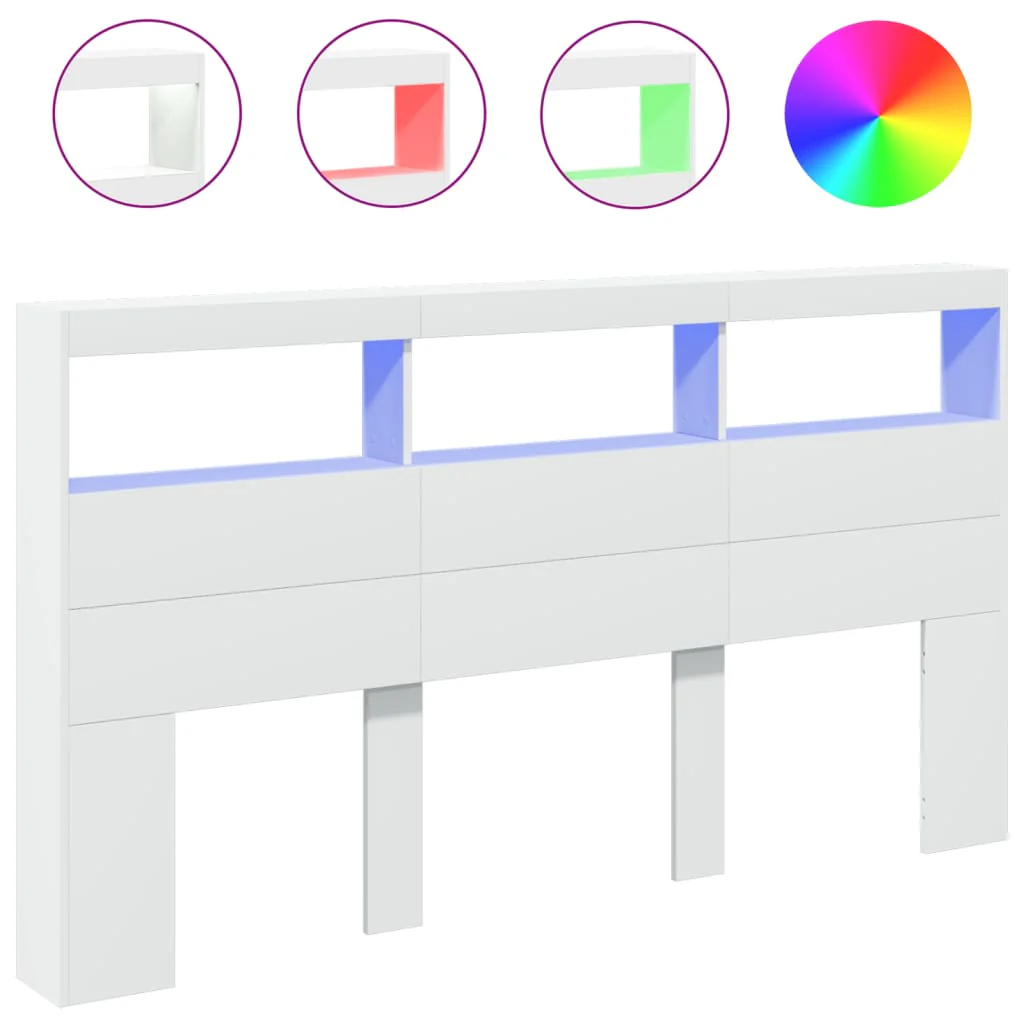 sengegavl med opbevaring og LED-lys 180x17x102 cm hvid - Image 2