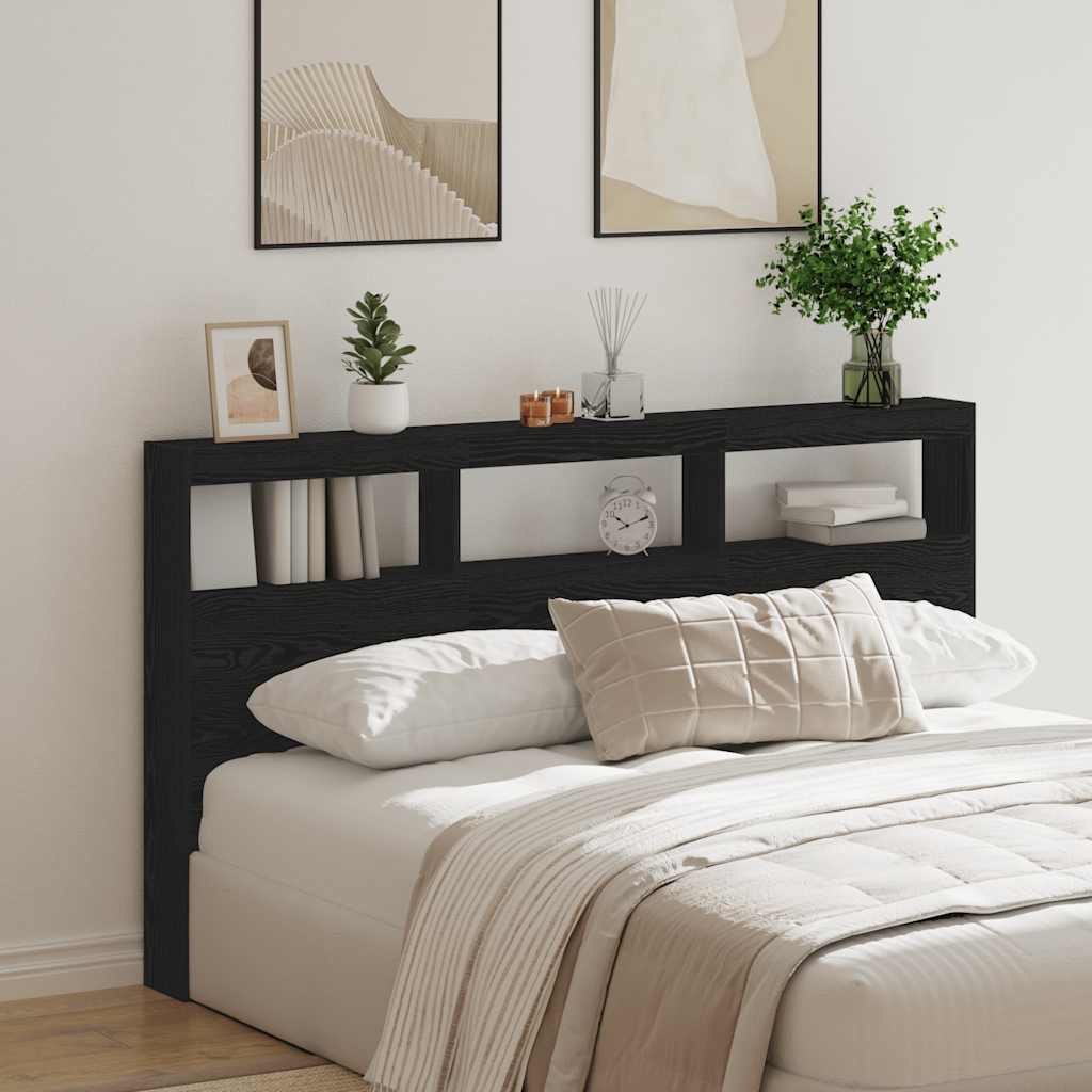 sengegavl med opbevaring og LED-lys 180x17x102 cm sort eg - Image 4