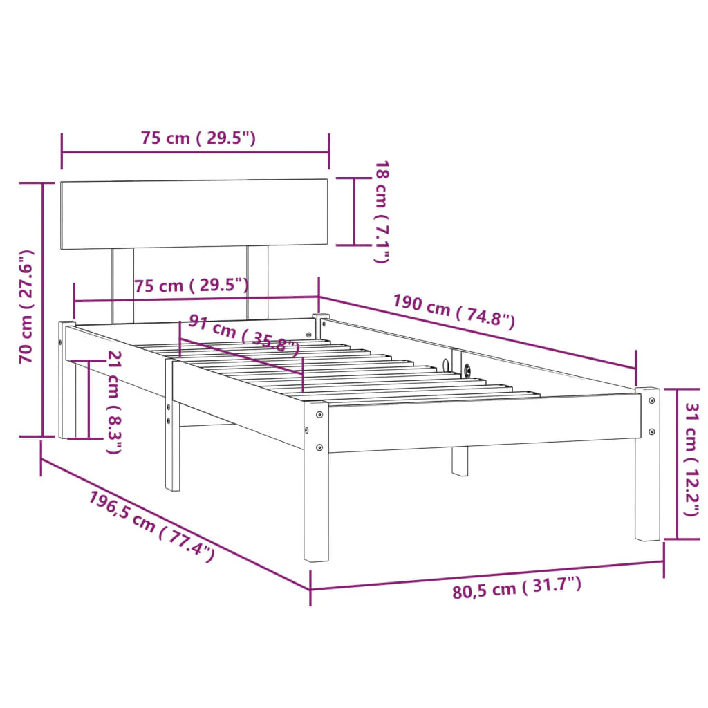 sengeramme 75x190 cm Small Single massivt træ hvid - Image 8