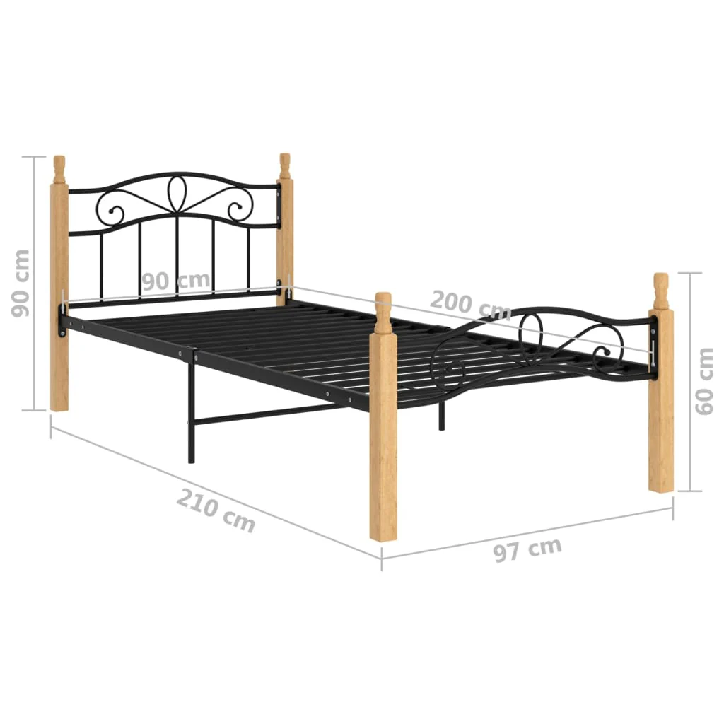sengeramme 90x200 cm metal og massivt egetræ sort - Image 6