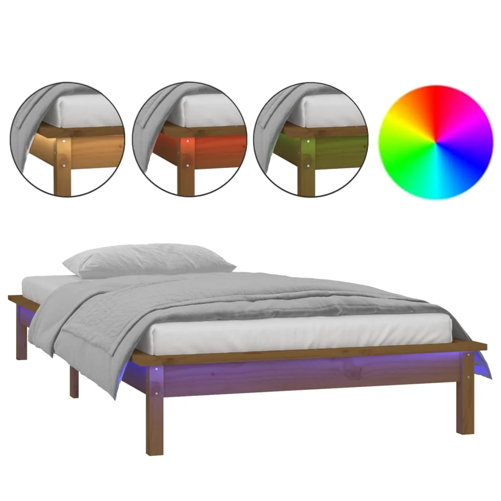 sengeramme m. LED-lys 75x190 cm Small Single massivt træ brun - Image 2