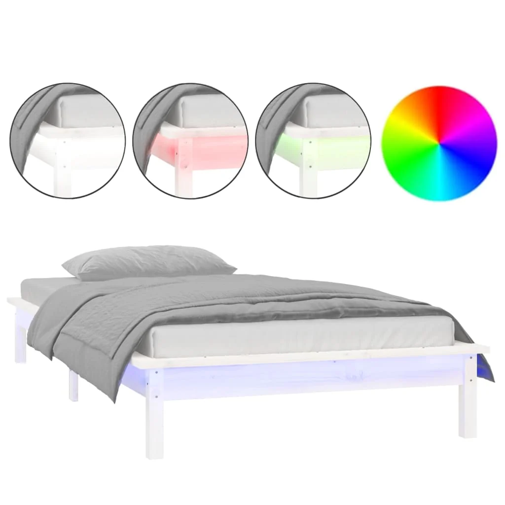 sengeramme med LED-lys 100x200 cm massivt træ hvid - Image 2